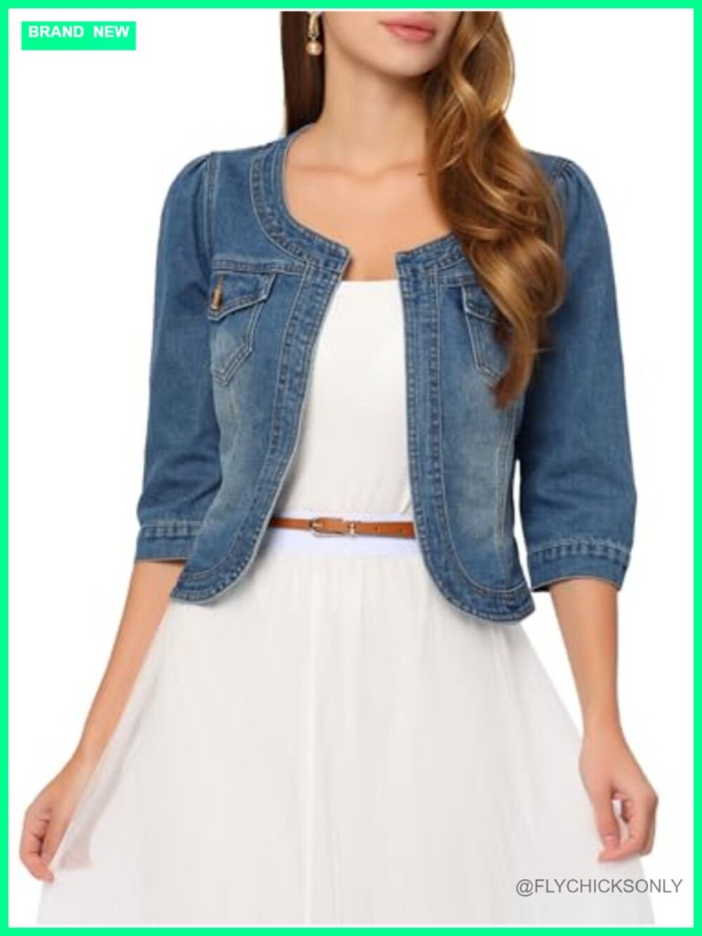 Allegra K Denim Cardigan 3/4 Sleeve Collarless Jean Jacket